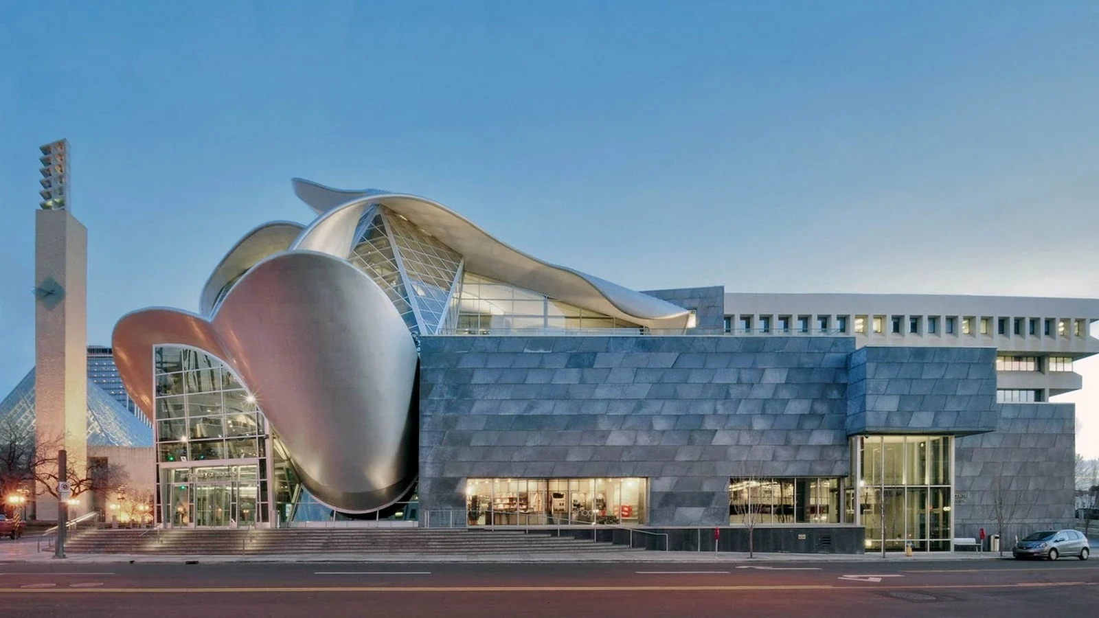 View of Edmonton City Hall on the left, and the Art Gallery of Alberta on the right.